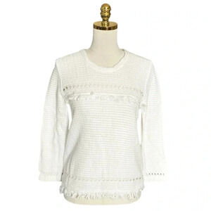 J. CREW | Boho White Cotton Fringe Crewneck Knit Sweater Long Sleeve Size Small
